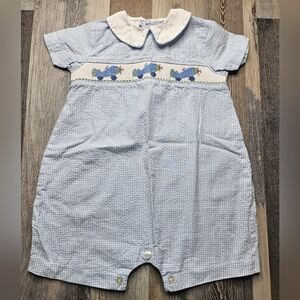 Viva La Fete Airplanes Smocked Blue Mini Checked Short Sleeve Boy's Bubble 24 M
